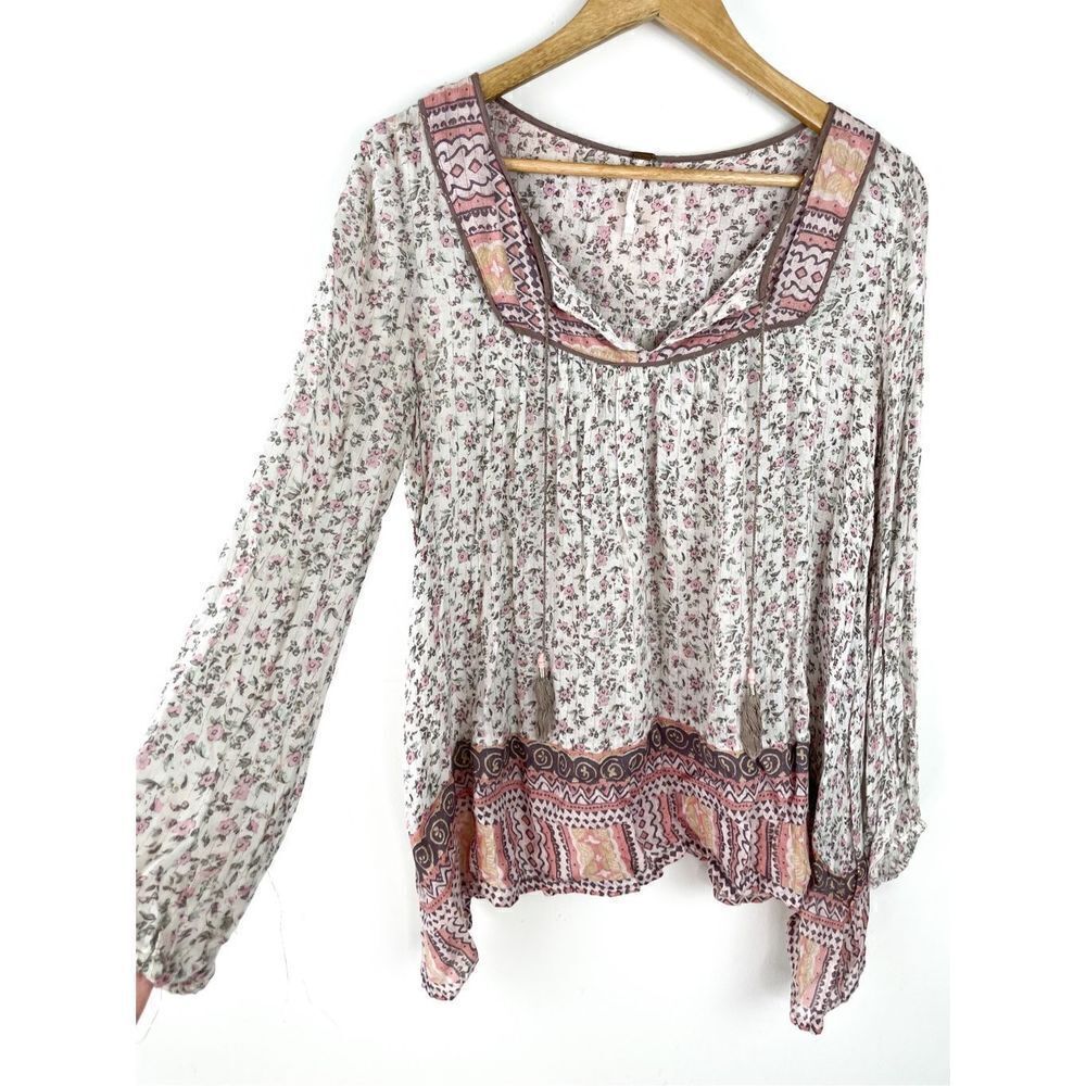Free People Dream Lover Tunic Boho Peasant Tassel Long Sleeve Blouse with Floral - Picture 4 of 16